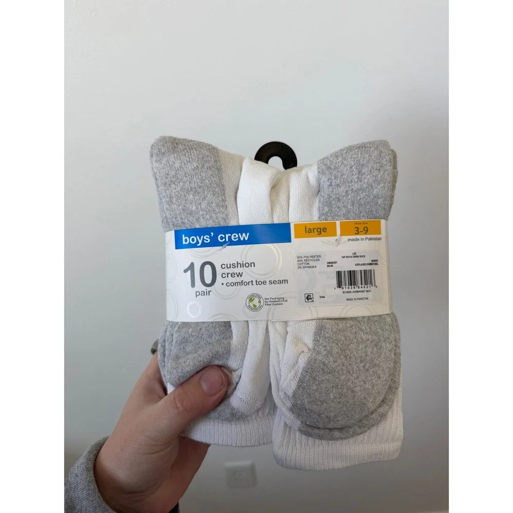 Wonder Nation Boys Cushion Crew Socks – White – 10 Pairs – New